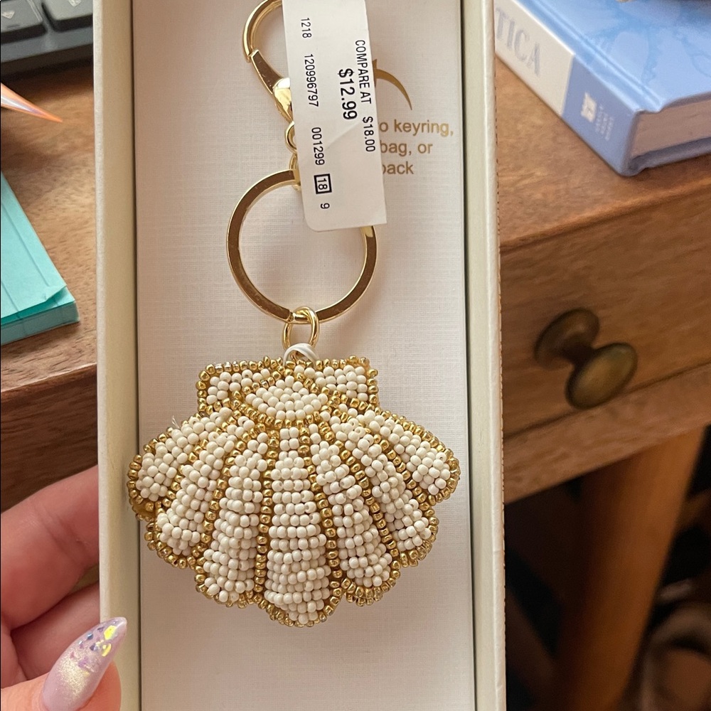 Haute Hippie Gold and Cream Beaded Shell Keychain